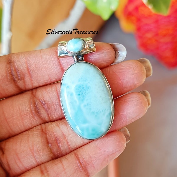 Larimar Anhänger: Großer Himmelblauer Edelstein, 925 Sterling Silber