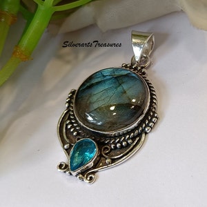 Blue Fire Labradorite Gemstone Pendant, Handmade Pendant, 925 Sterling Silver Pendant, Blue Topaz Jewelry Pendant, Gift For Her, Unique Gift