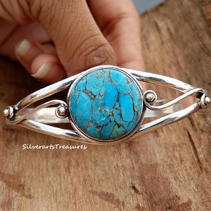 Blue Turquoise Sterling Silver Bangle: Handmade Gemstone Jewelry