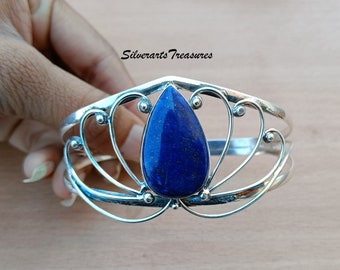 Handmade Lapis Lazuli Bangle: 925 Sterling Silver Gemstone