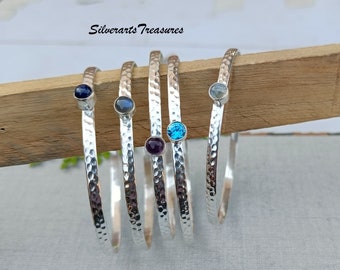 Lapis Lazuli Sterling Silver Bangle: Gemstone, Topaz, Moonstone