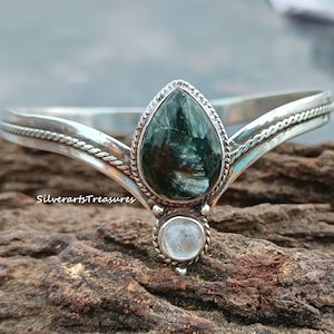 Seraphinite Moonstone Bangle: Sterling Silver Boho Gemstone