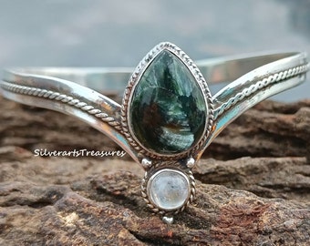 Seraphinite Moonstone Bangle: Sterling Silver Boho Gemstone