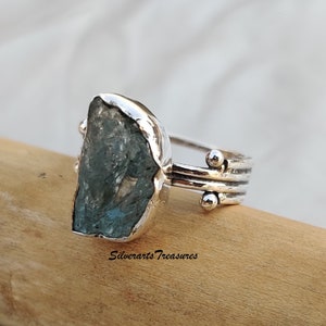 Raw Aquamarine Ring: Uncut Healing Crystal, 925 Sterling Silver