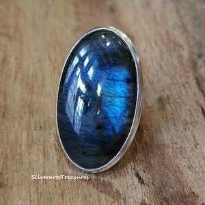 Labradorite Silver Ring, Ring for Women, Boho Ring, 925 Solid Sterling Silver Ring, Labradorite Gemstone Ring, Gift for Her,Large Stone Ring