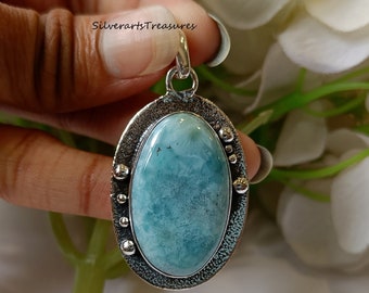 Handmade Larimar Pendant: 925 Sterling Silver Boho Necklace