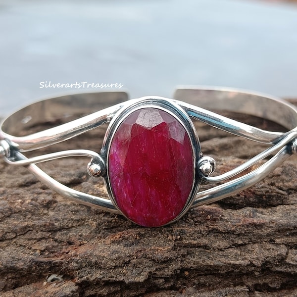 Ruby Gemstone Bangle, 925 Sterling Silver Bangle, Handmade Bangle, Women Bangle, Adjustable Bangle, Popular Bangle, Ruby Silver Bangle.