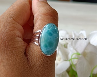 Shining Larimar Ring, 925 Sterling Silver Ring, Boho Ring, Larimar Silver Ring, Gemstone Ring, Trending Ring, Gift For Her, Anniversary Gift