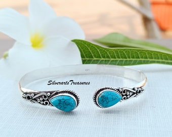 Blue Turquoise Sterling Silver Bangle - Adjustable Gemstone