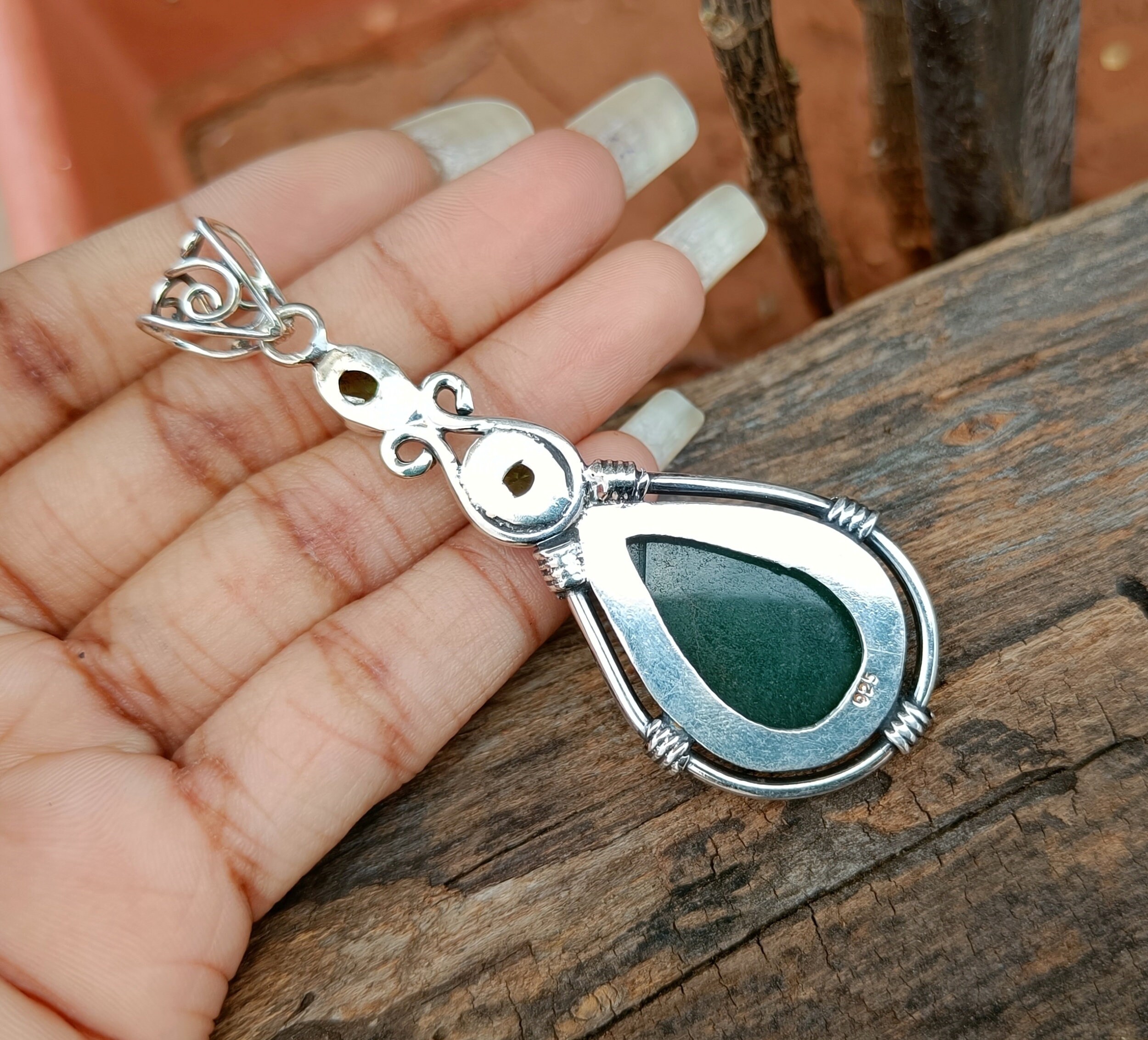 Handmade Green Jade 925 Sterling Silver Pendant: Boho Gemstone - Etsy