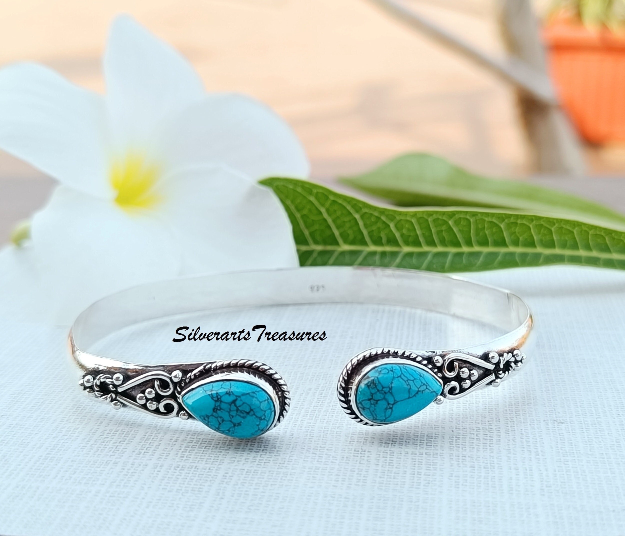 Blue Turquoise Sterling Silver Bangle - Adjustable Gemstone