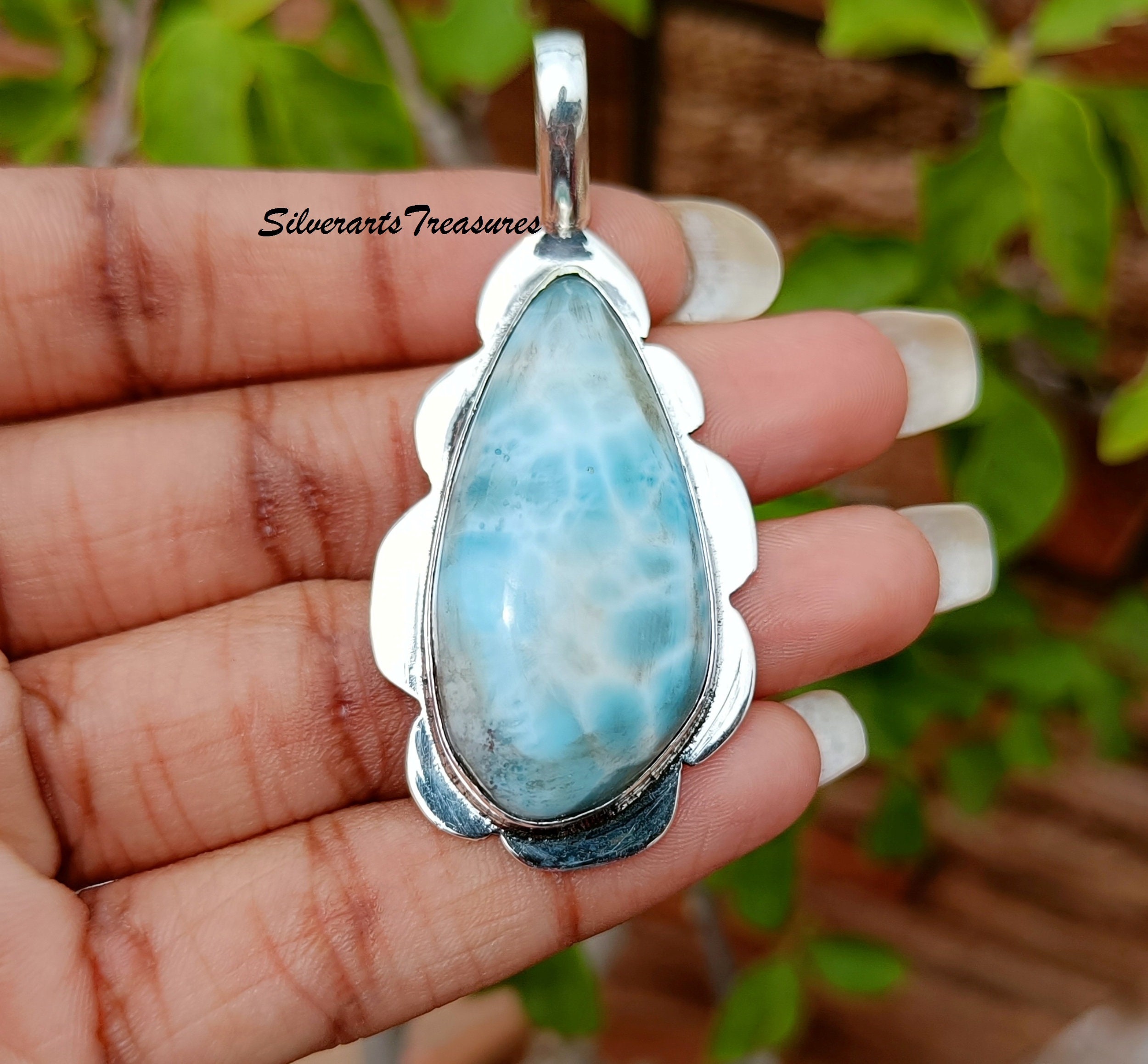 ラリマーペンダント：ハンドメイド925スターリングシルバーの宝石