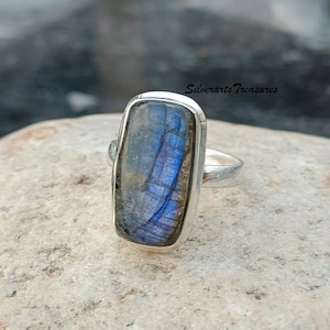 Blue Fire Labradorite Ring, Amazing Ring, Girls Choice, Handmade Jewellery, 925 Sterling Silver Ring, Rectangle Shape Stone, Gemstone Ring