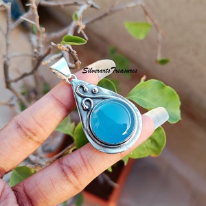 Handmade Aqua Chalcedony Pendant: 925 Sterling Silver Jewelry