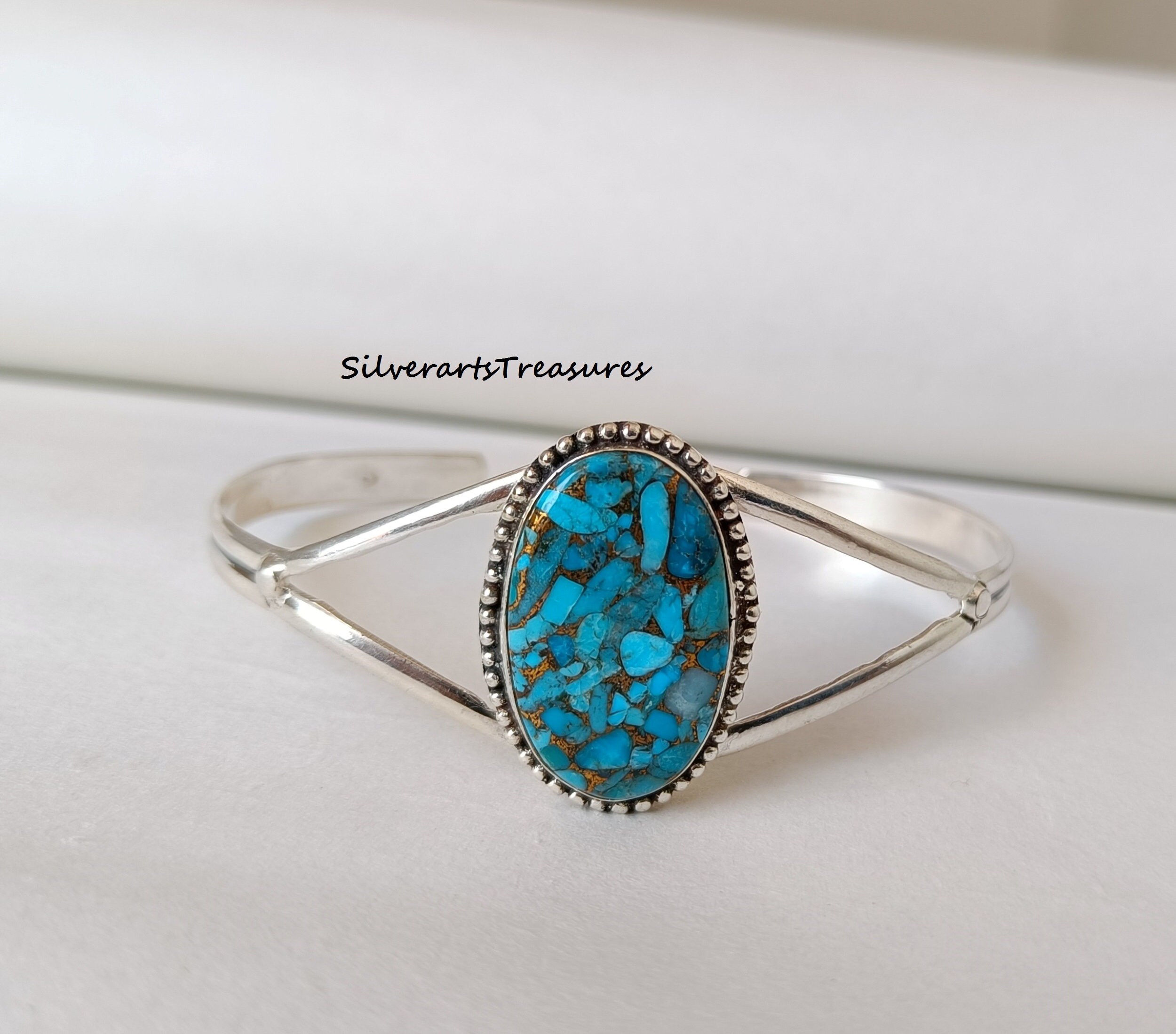 ブルーコッパーターコイズスターリングシルバーバングル - 調節可能な