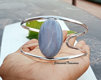 Handmade Blue Lace Agate Bangle: 925 Sterling Silver Oval Gemstone