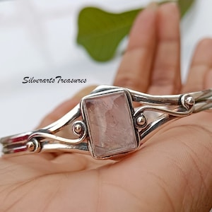 Rose Quartz Bangle, 925 Sterling Silver, Handmade Bangle, Unique Gift, Suprise Gift, Birthday Gift, Rose Quartz Jewelry, Gemstone Bangle.