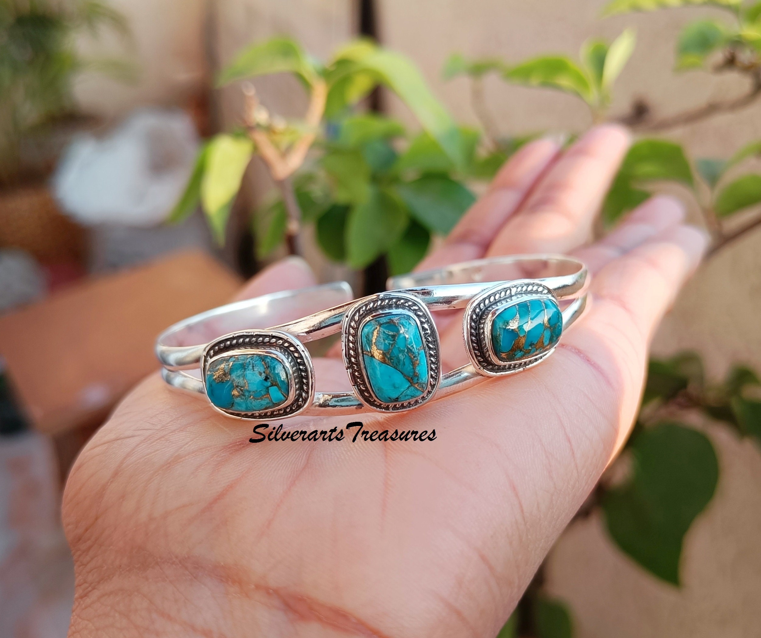 ブルーコッパーターコイズバングル：調節可能なスターリングシルバーの