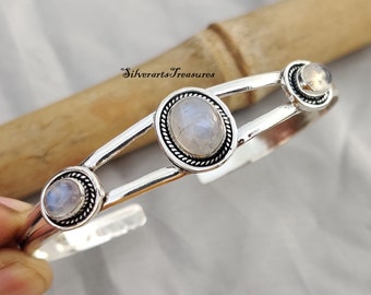 Natural Moonstone Bangle, Three Stone Bangle, 925 Sterling Silver, Handmade Bangle, Girls Wear Bangle, Party Wear Bangle, Beautiful Bangle.