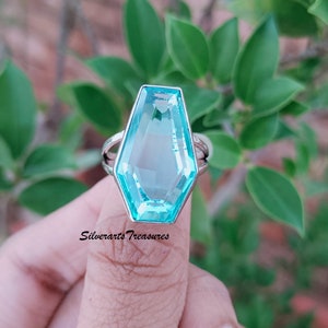 Natural Blue Topaz Cofffin Ring, Handmade SilverRing, Coffin Ring, Gift for her, December Birthstone, Light Blue Gemstone Ring, Promise Ring