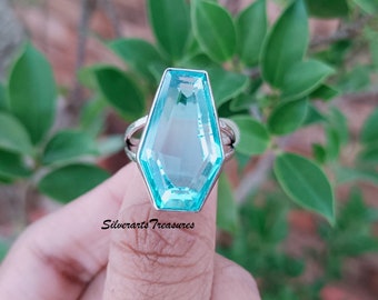 Handmade Sterling Silver Blue Topaz Coffin Ring - December Birthstone