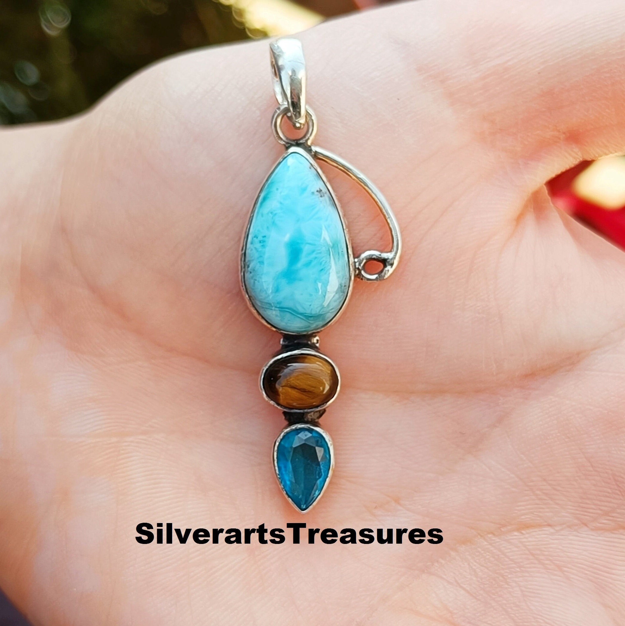 ラリマーペンダント：スターリングシルバーのマルチジェムストーン