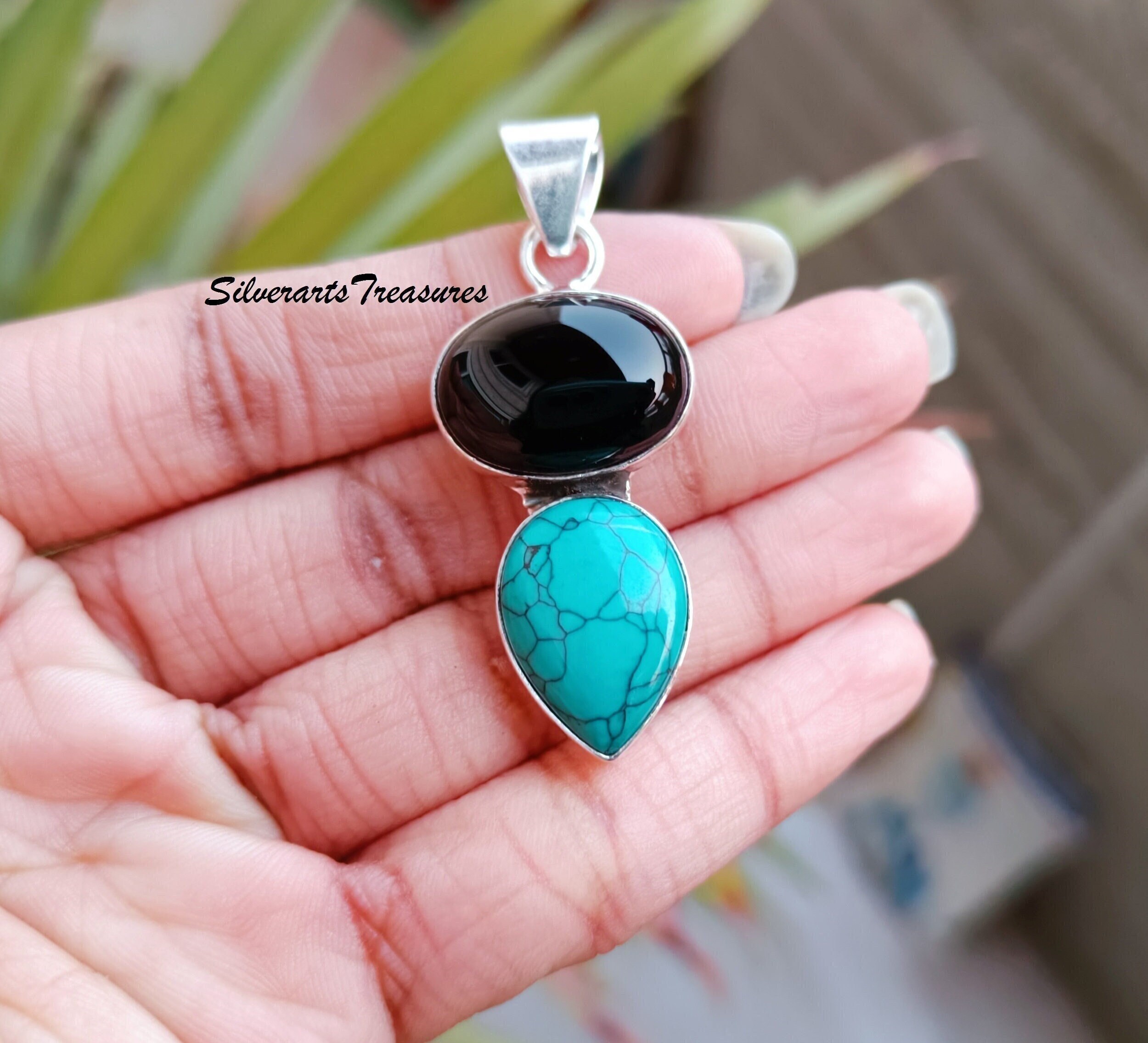 AQUA SILVER 925 ブラックストーン ネックレス Sterling Silver Black Onyx & Turquoise Two Stone Pendant - Etsy