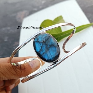 Blue Fire Labradorite Bangle, Handmade Bangle, 925 Sterling Silver, Party Wear Labradorite Bracelet, Gemstone Bangle,  Adjustable Bangle