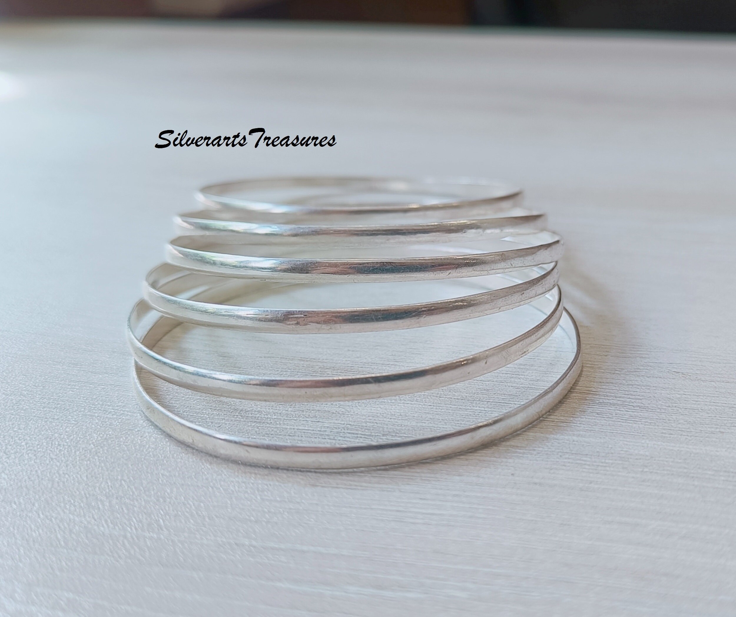 Handmade Solid 925 Sterling Silver Bangle Set – 7 Stackable Bangles, Antique Silver, Adjustable & Engravable, Made In India