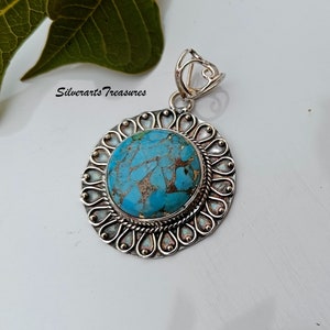 Blue Copper Turquoise Pendant, 925 Sterling Silver Pendant, Designer Pendant, Turquoise Pendant, Handmade Pendant, Valentine&#39;s Day Gift