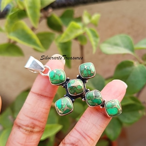 Handmade Green Copper Turquoise Pendant: Sterling Silver Six-Stone