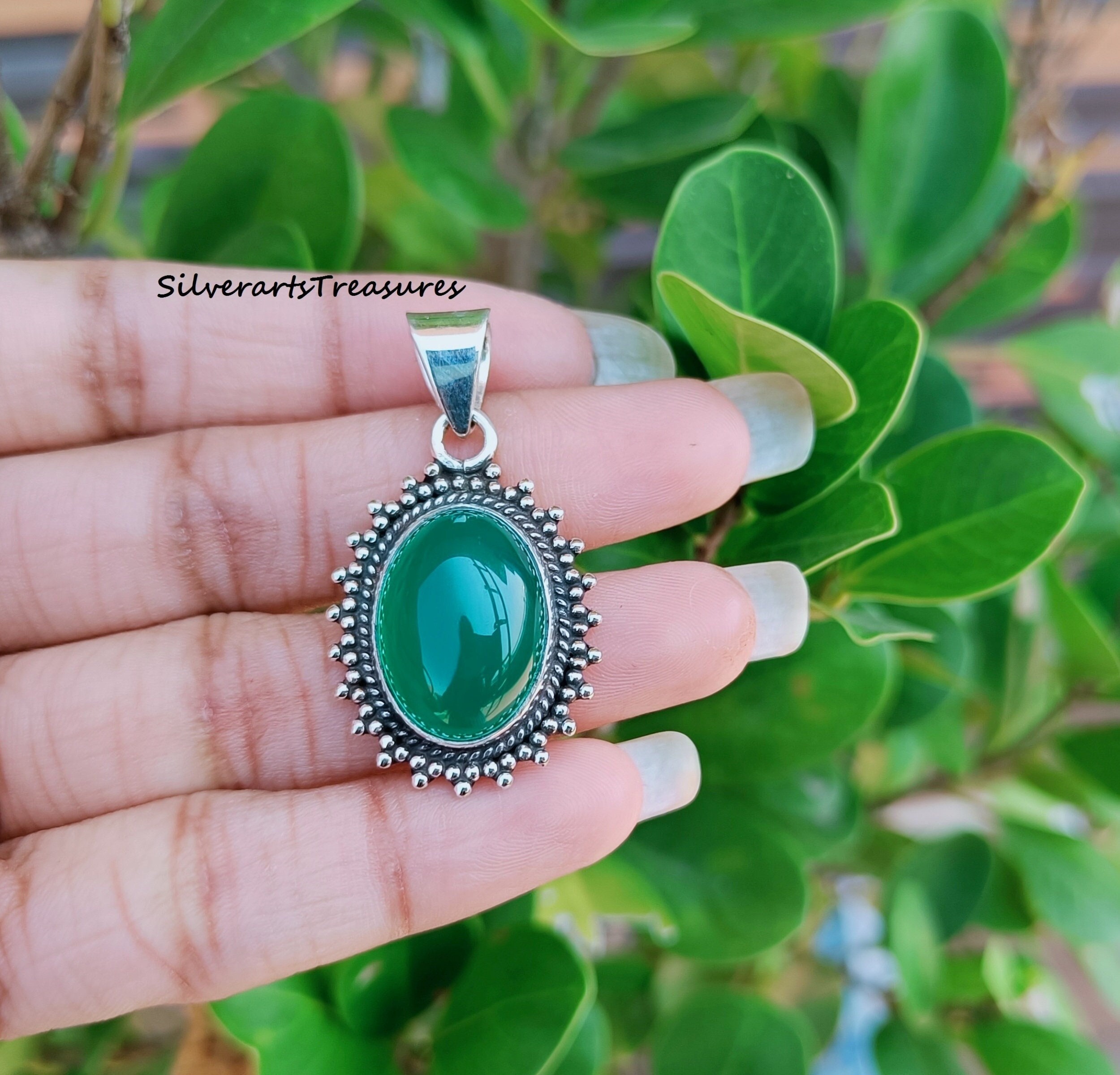 グリーンオニキス 925スターリングシルバーペンダント - ハンドメイド