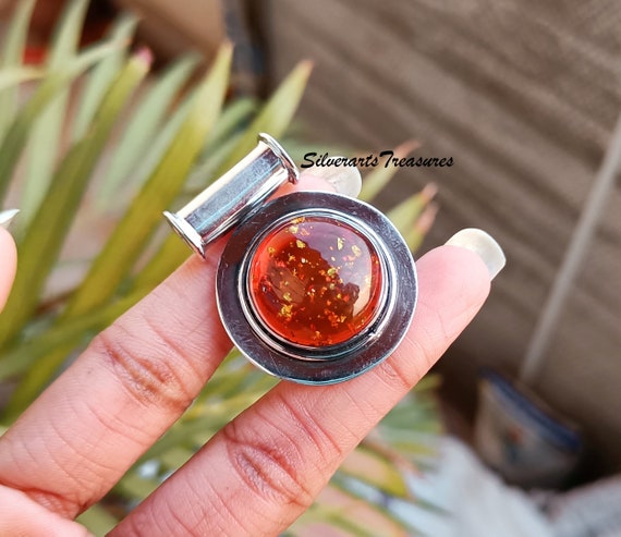 Pendentif En Argent 925 Serti D'un Cabochon D'Ambre - Bijou Occasion | Forme Hexagonale