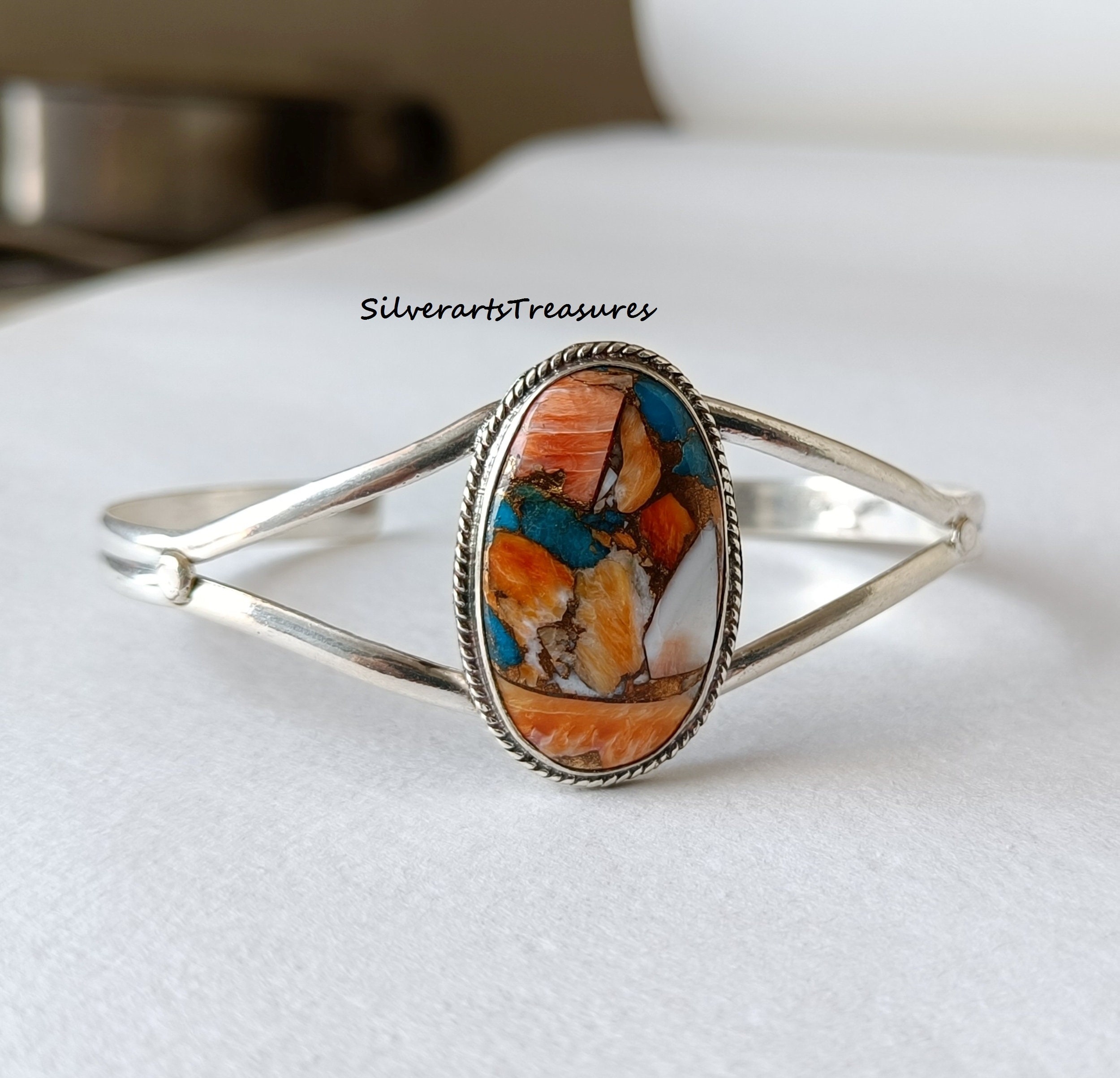 ハンドメイドオイスターターコイズスターリングシルバーバングル