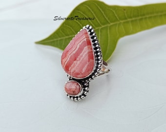 Handmade Rhodochrosite Sterling Silver Ring: Two Stone Gemstone Pendant