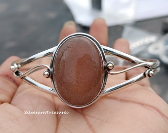 Handgefertigter Sonnenstein Armreif: Verstellbares 925er Sterling Silber Edelstein-Armband