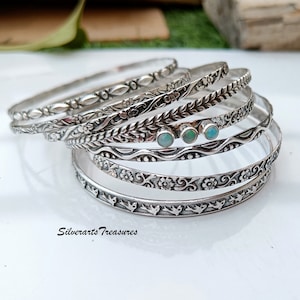 Bohemian Opal Sterling Silver Bangle Set - Handmade Statement Jewelry