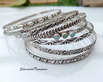 Bohemian Silver 8 Set Bangles, Opal Bangle Set, Gemstone Bangle,925 Sterling Silver Bangle,Statement Bangle,Handmade Bangle,Beautiful Bangle