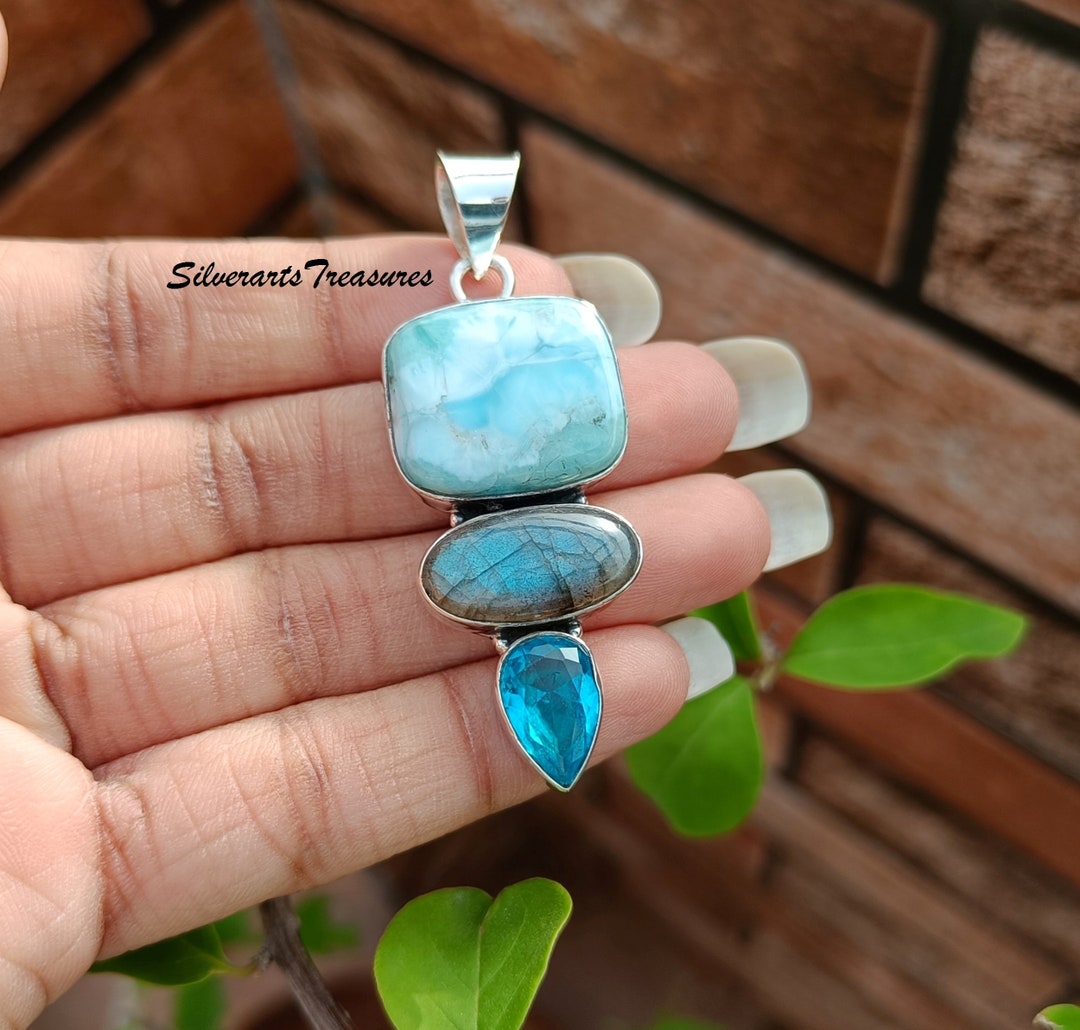 Larimar, Blue Topaz Labradorite Pendant Sterling Silver Boho