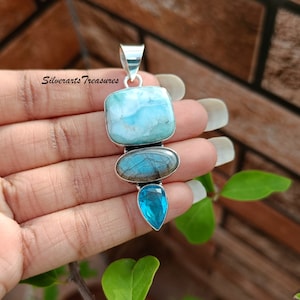 Larimar Pendant, 925 Sterling Silver, Blue Topaz Pendant, Wedding Gift, Labradorite Pendant, Relationship Gift, Gift For Her, Boho Pendant