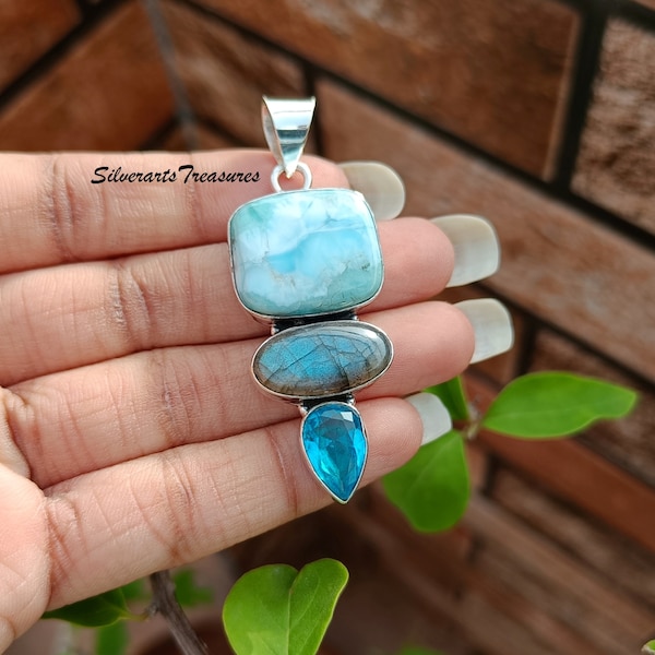 Larimar, Blue Topaz & Labradorite Pendant - Sterling Silver Boho Jewelry