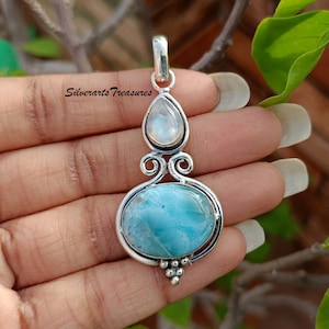 Larimar Pendant, Gemstone Pendant, 925 Sterling Silver, Handmade Pendant, Moonstone Pendant, Women Pendant, Party Wear Pendant, Gift For Her