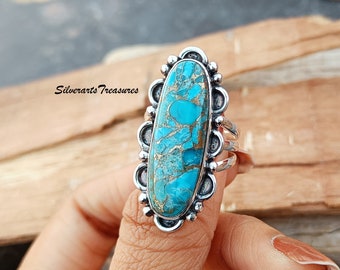 Blauwe koperen turquoise ring, 925 sterling zilver, handgemaakte ring, turquoise sieraden, blauwe turquoise ring, grote stenen ring, cadeau voor liefde, ringen