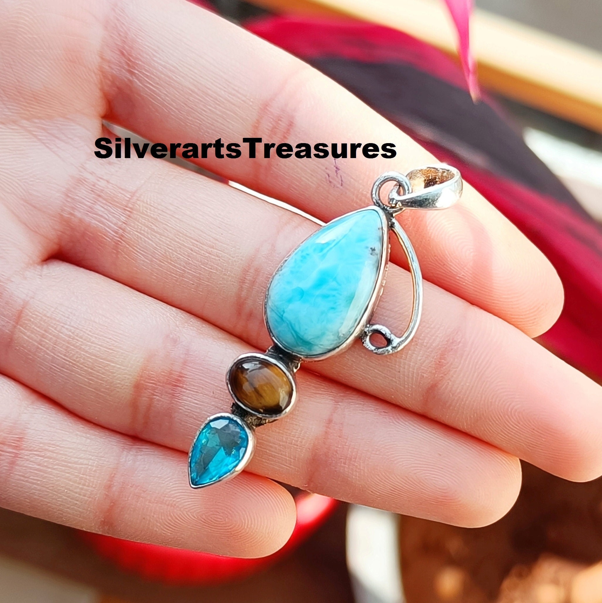 ラリマーペンダント：スターリングシルバーのマルチジェムストーン