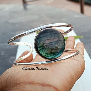 Handmade Labradorite Bangle: 925 Sterling Silver Stone Bracelet