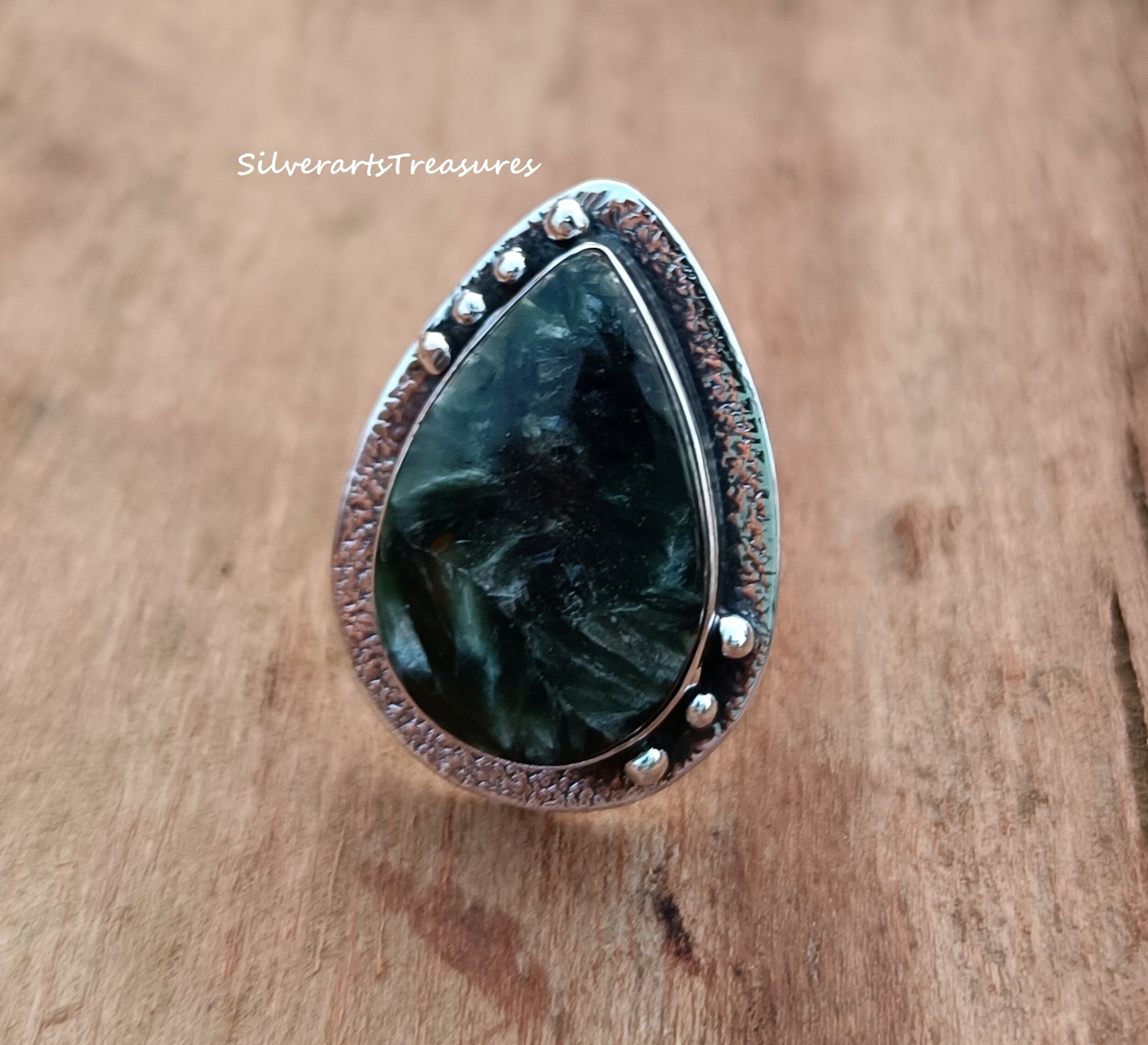 Anello In Argento 925 Con Serafinite Verde, Fatto A Mano – MO936 (tutte Le Misure) - Foto 4