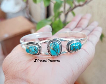 ブルーコッパーターコイズバングル：調節可能なスターリングシルバーの
