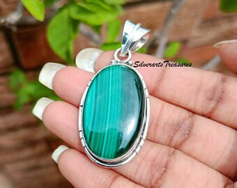 Handcrafted Oval Malachite Pendant: 925 Sterling Silver