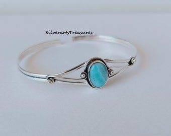 Handmade Larimar Bangle: Sterling Silver Adjustable Gemstone Jewelry