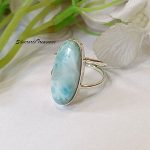 Handmade Oval Larimar Ring: 925 Sterling Silver Gemstone Band